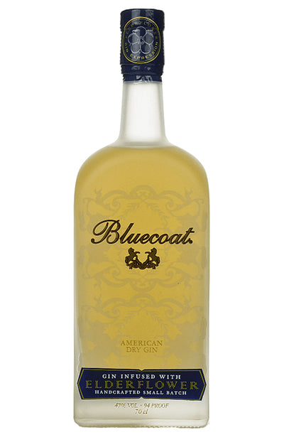 Bottle of Bluecoat American Dry Gin with elderflower infusion on a white background