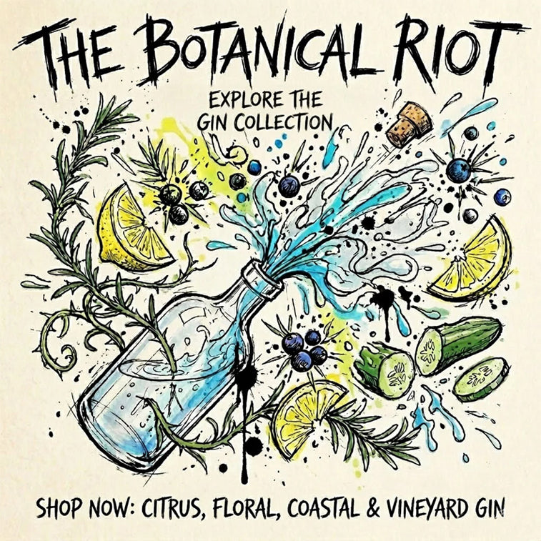 Promotional graphic for 'The Botanical Riot' gin collection with a bottle and botanical elements.