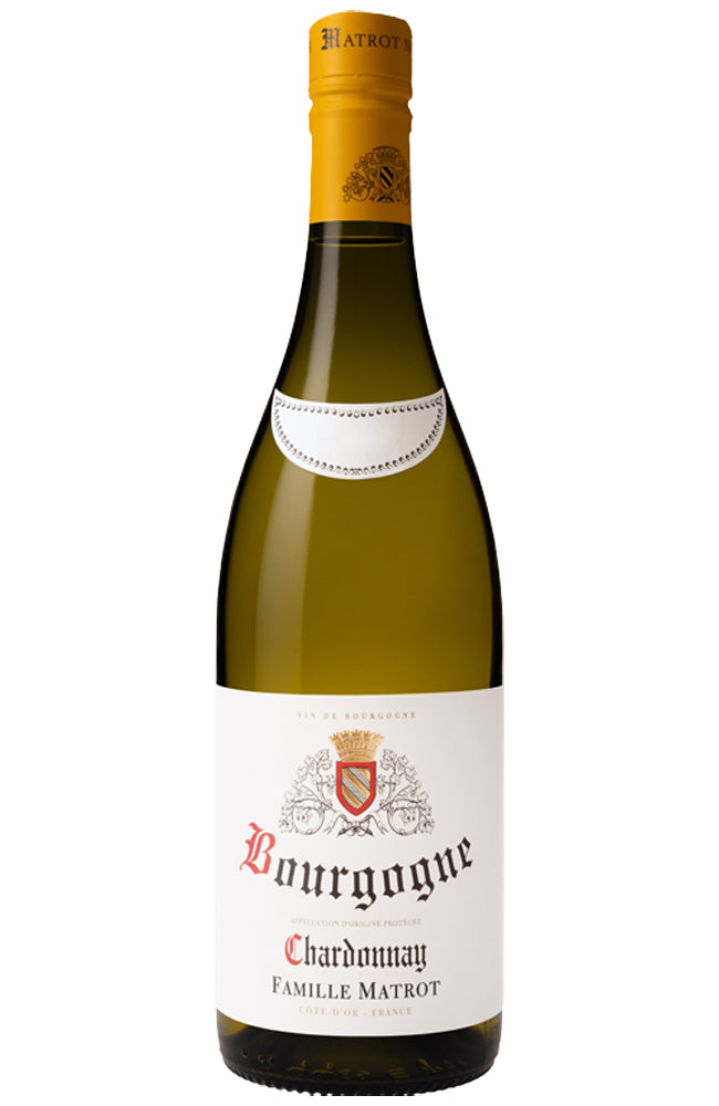 A bottle of Famille Matrot Bourgogne Chardonnay white wine, featuring a white label with a red and gold crest, a gold foil top, and a dark green glass body, set against a plain white background.