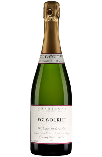Bottle of Champagne Egly Ouriet Tradition Grand Cru Brut NV on a white background