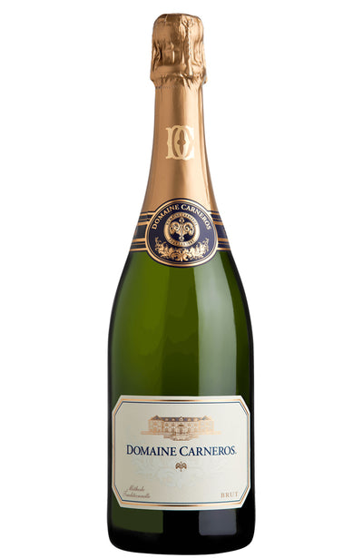 Domaine Carneros Californian sparkling wine bottle with gold foil cap on a white background