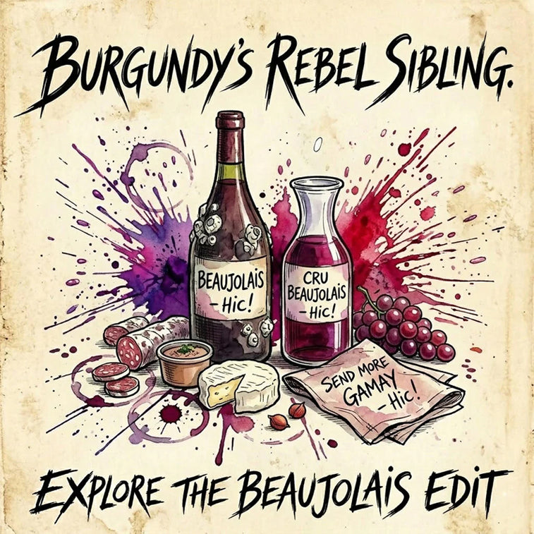 Illustration of Beaujolais wine bottles with text and food items on a textured cream background