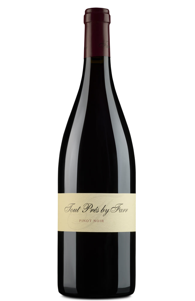 A bottle of red wine with a dark glass body, a cream-colored label reading 'Tout Près by Farr' and 'Pinot Noir', and a dark red foil capsule at the neck, shown against a plain white background.
