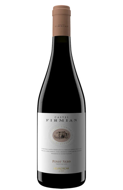 A bottle of Castel Firmian Pinot Nero red wine, featuring a dark glass bottle with a light gray label and a tan paper neck capsule, set against a plain white background.