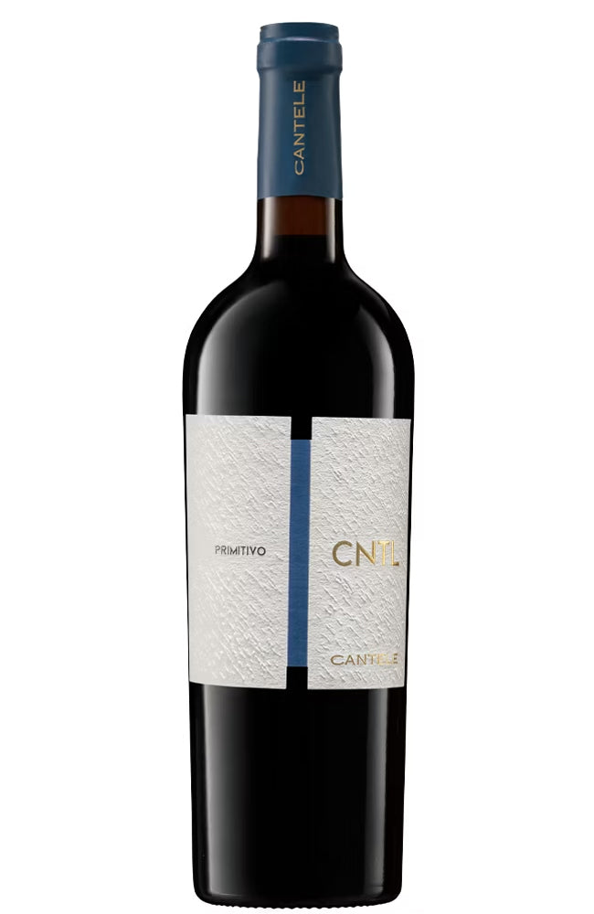 A bottle of Cantile CNTL Primitivo red wine, featuring a dark glass bottle with a textured white label and a blue foil capsule at the neck.