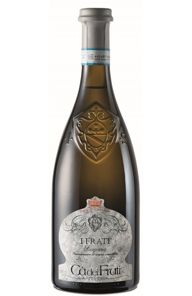 A bottle of Ca' dei Frati I Frati Lugana white wine, featuring a dark glass bottle with a silver foil capsule and a detailed silver label.