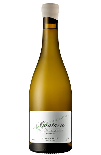 A bottle of Domaine Lafage Cantaca white wine with an off-white label and a dark green glass bottle, shown against a plain white background.