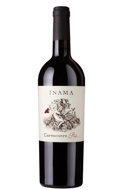 A bottle of INAMA Carmenere Più Veneto red wine, featuring a dark glass bottle with a black cap and a cream-colored label with an illustration of a classical figure holding a red rose.