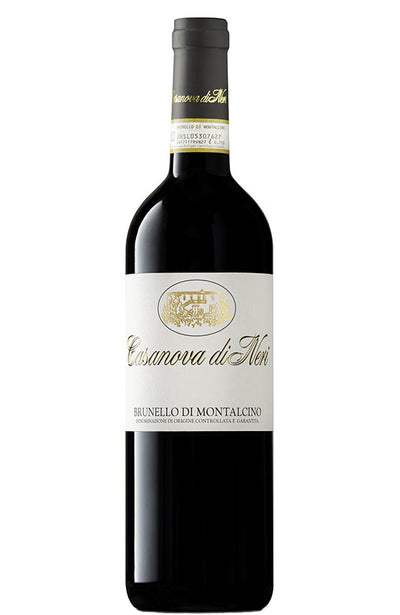 A bottle of Casanova di Neri Brunello di Montalcino White Label red wine, featuring a dark glass bottle with a white label and gold detailing, set against a plain white background.