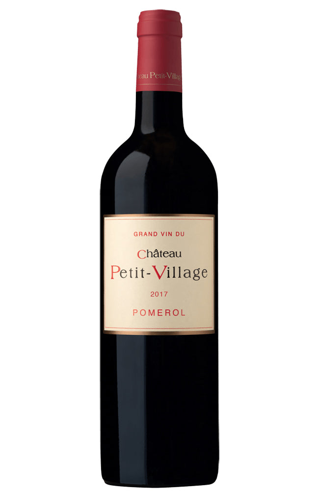 A bottle of Château Petit-Village 2017 Pomerol Grand Vin Red wine, featuring a dark glass bottle with a cream-colored label and a red foil capsule at the neck, set against a plain white background.