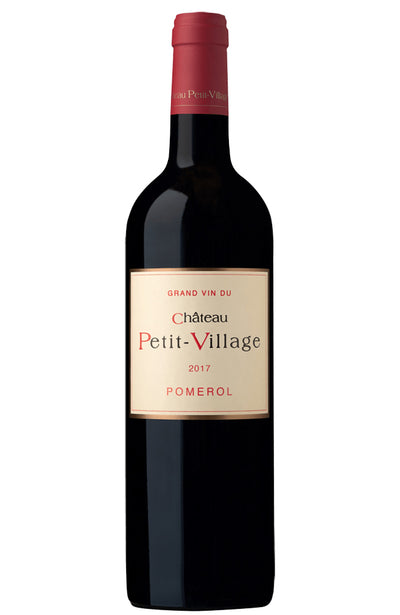 A bottle of Château Petit-Village 2017 Pomerol Grand Vin Red wine, featuring a dark glass bottle with a cream-colored label and a red foil capsule at the neck, set against a plain white background.