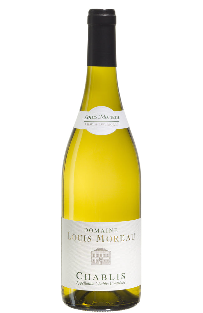 A bottle of Louis Moreau Chablis white wine from Domaine Louis Moreau, featuring a pale yellow-green glass bottle, a black capsule, and a white label with gold and black text.
