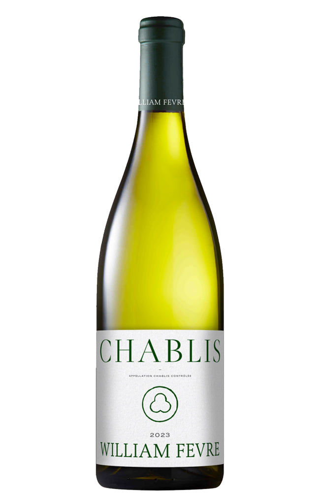 A bottle of William Fevre Chablis 2023 white wine, featuring a pale yellow-green glass bottle, a dark green capsule, and a white label with green text.