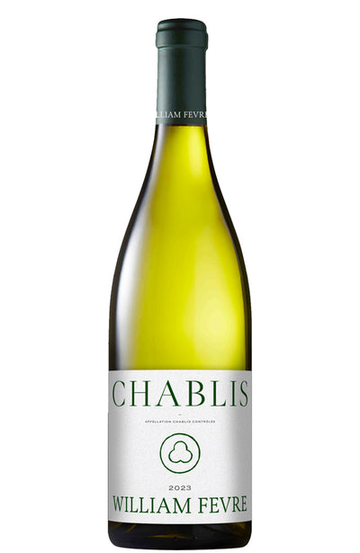 A bottle of William Fevre Chablis 2023 white wine, featuring a pale yellow-green glass bottle, a dark green capsule, and a white label with green text.