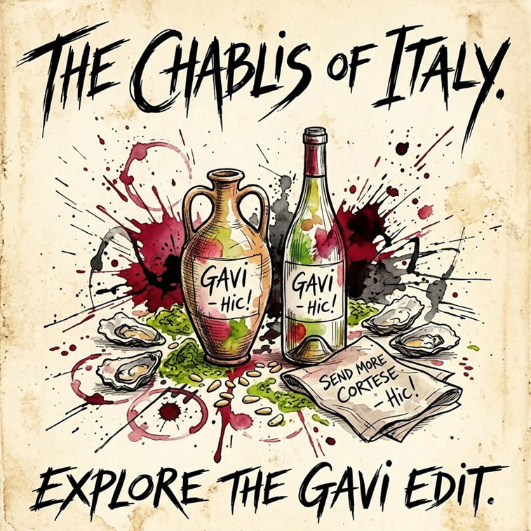 Promotional graphic for Gavi 'The Chablis of Italy' with wine bottles, amphora, and oysters on a textured background.