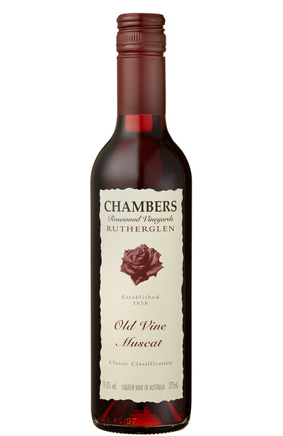 A bottle of Chambers Rutherglen Old Vine Muscat wine, featuring a cream-colored label with a dark red rose illustration and a dark red screw cap, set against a plain white background.