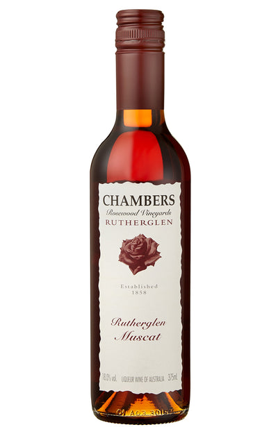 A bottle of Chambers Rutherglen Muscat liqueur wine, featuring a cream-colored label with a dark rose illustration and a dark brown screw cap, set against a plain white background.
