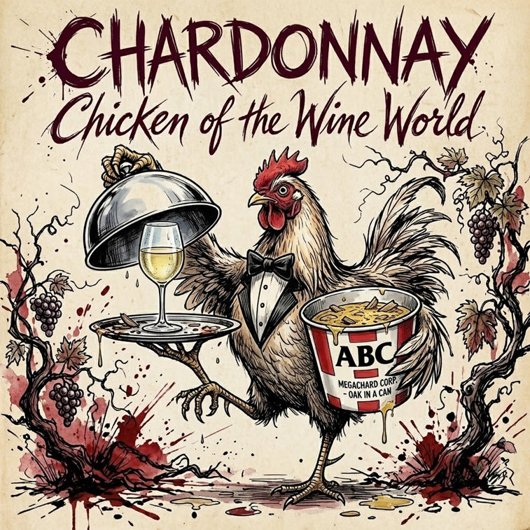 A stylized illustrated poster with the text 'CHARDONNAY Chicken of the Wine World' above a rooster dressed in a tuxedo holding a silver-covered dish with a glass of white wine and a bucket labeled ABC Megachard. The artwork uses a vintage cream background with red, brown, black, and beige tones.