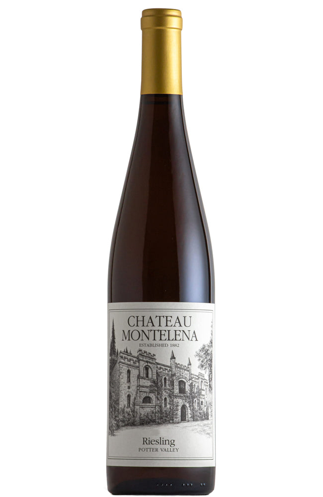 A bottle of Chateau Montena Riesling from the Potter Valley region, featuring a dark glass bottle with a gold foil capsule and a white label depicting a black ink sketch of a historic castle.