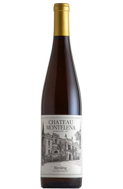 A bottle of Chateau Montena Riesling from the Potter Valley region, featuring a dark glass bottle with a gold foil capsule and a white label depicting a black ink sketch of a historic castle.