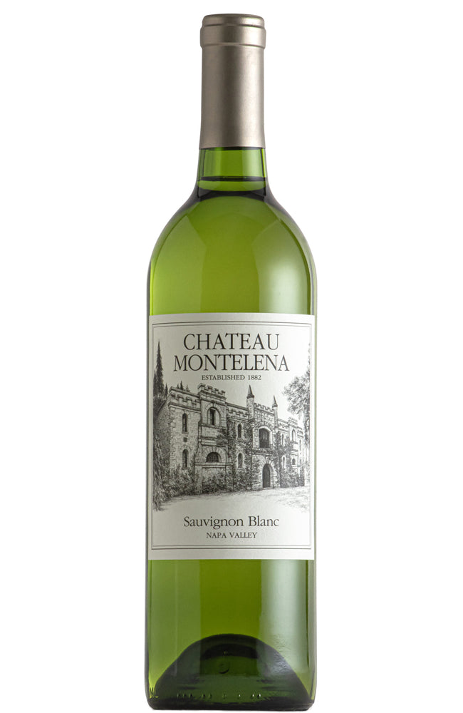 A bottle of Chateau Montelena Sauvignon Blanc from the Napa Valley, featuring a green glass bottle with a white label and a silver foil capsule on white background.