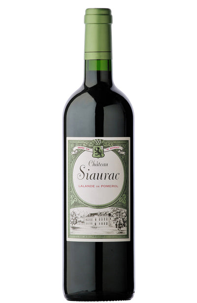 A bottle of Chateau Siaurac red wine, featuring a dark glass bottle with a light green foil capsule and a white label with green detailing.