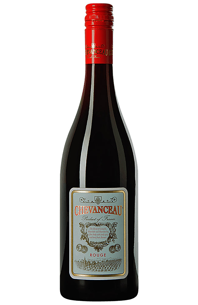 Bottle of Chevalceau Rouge wine with a red cap on a white background