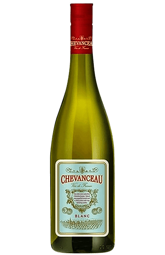 A product photograph of a bottle of Chevanceau Vermentino Blanc, a Southern French white wine, featuring an elegant light blue and gold label with classic cursive branding and a vibrant red screw cap.