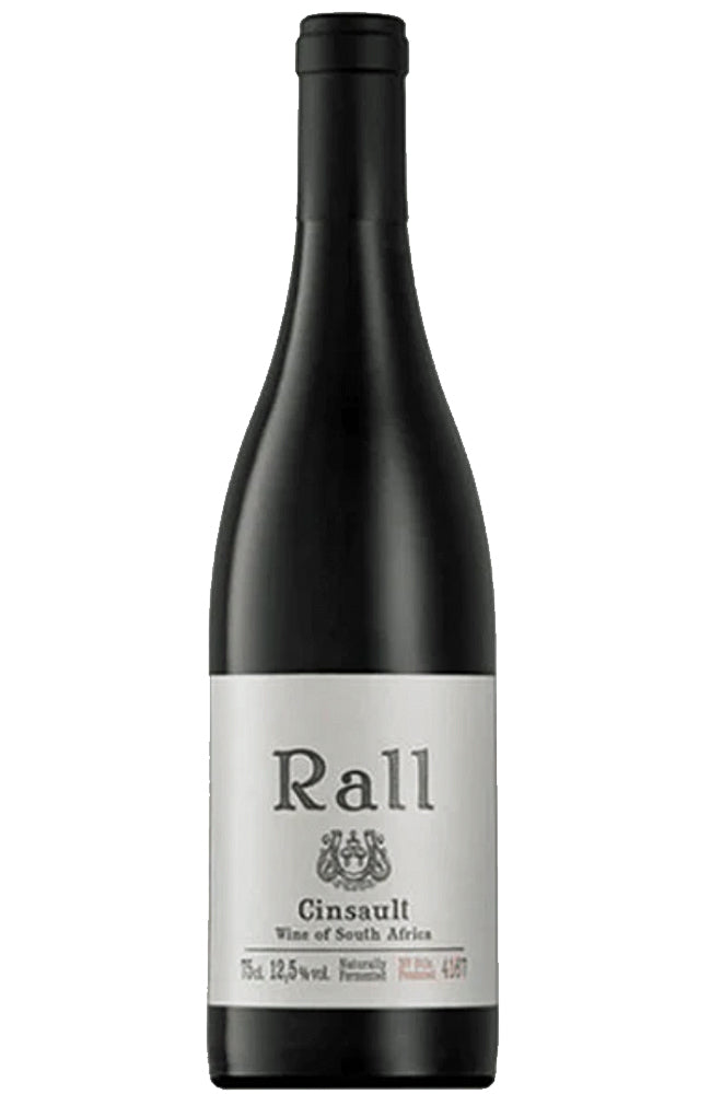 Bottle of Rall Cinsault 2023 red wine from the Swartland region of South Africa, photographed on a clean white background