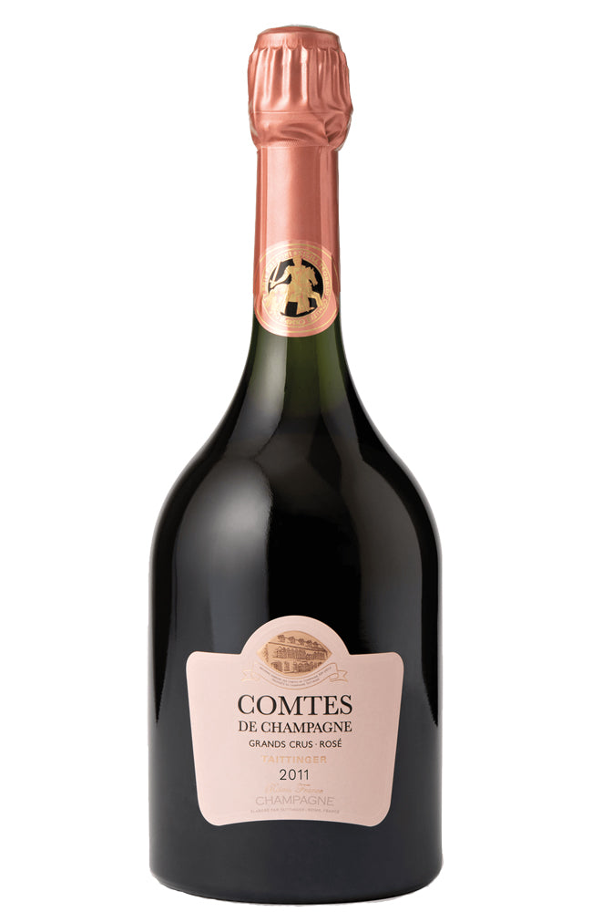 Bottle of Comtes de Champagne Rosé wine on a white background
