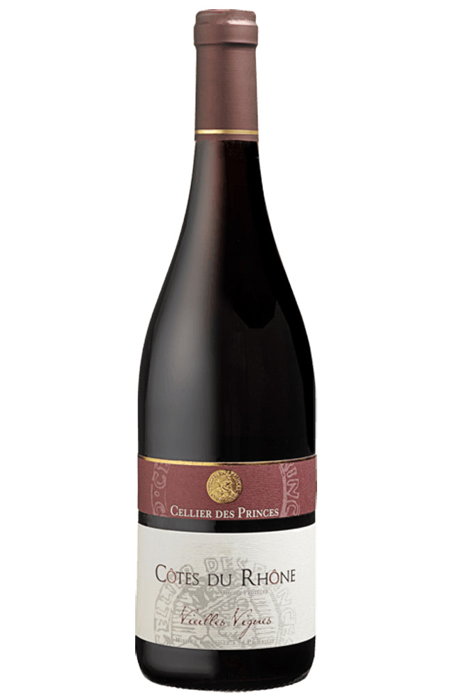 Cellier des Prines Les Vignes du Prince Vieilles Vignes Côtes du Rhône Red Wine Bottle on a white background