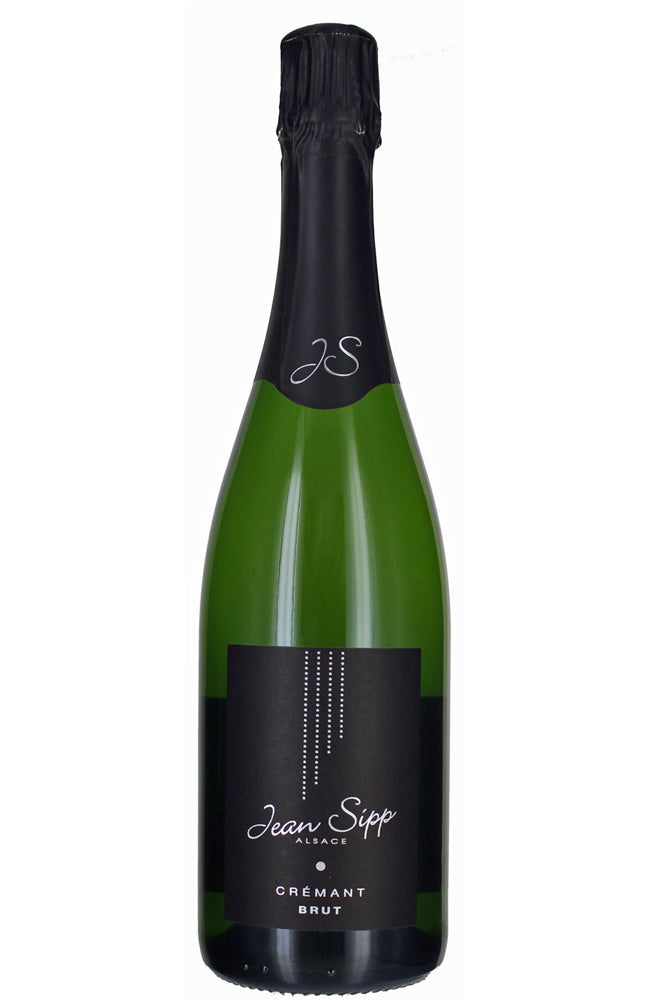 A bottle of Jean Sipp Crémant Brut sparkling wine, featuring a dark green glass bottle with a black foil capsule and a black label with white text.