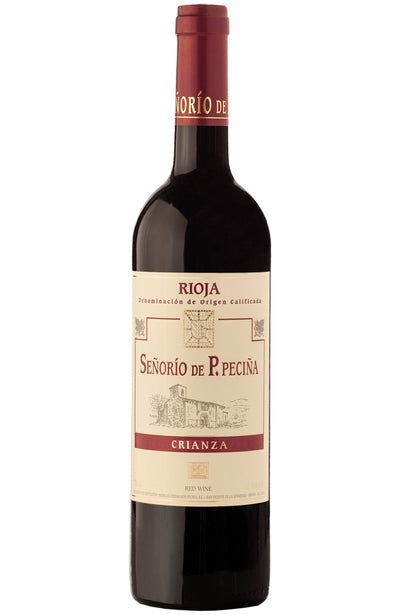 Bottle of Hermanos Peciña Rioja Crianza on a white background