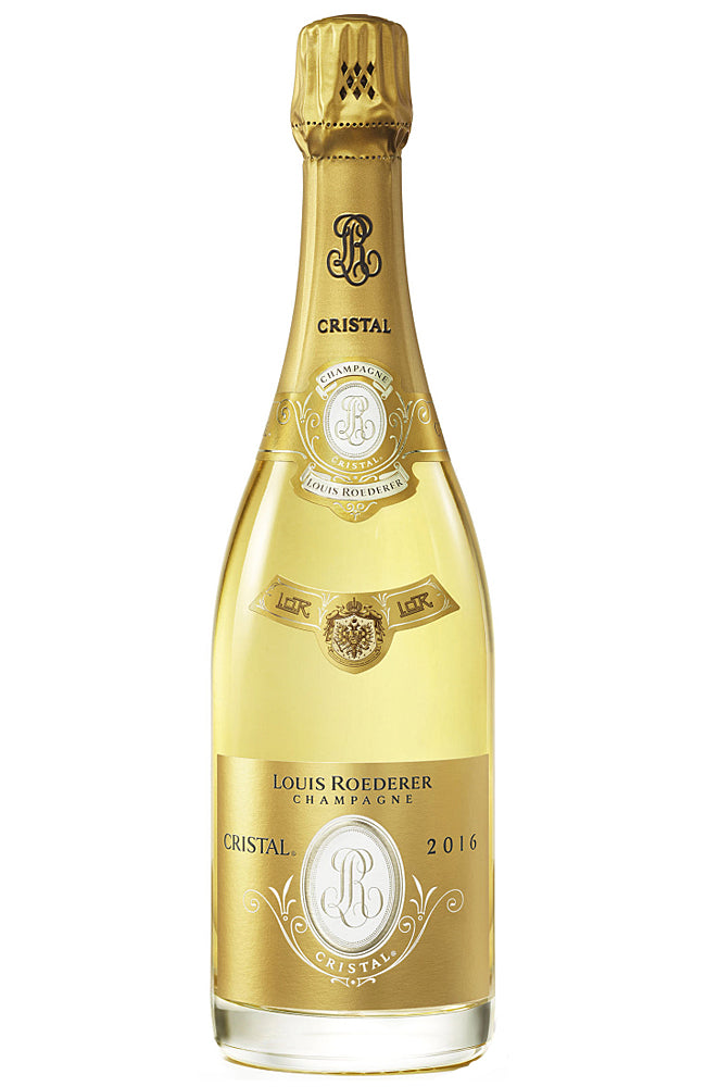 Louis Roederer Cristal 2016 vintage champagne bottle on a white background