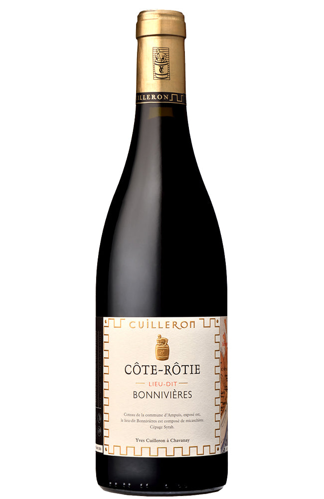 A bottle of Yves Cuilleron Côte-Rôtie Bonnivières red wine, featuring a dark glass bottle with a gold foil capsule and a cream-colored label with gold accents, set against a plain white background.