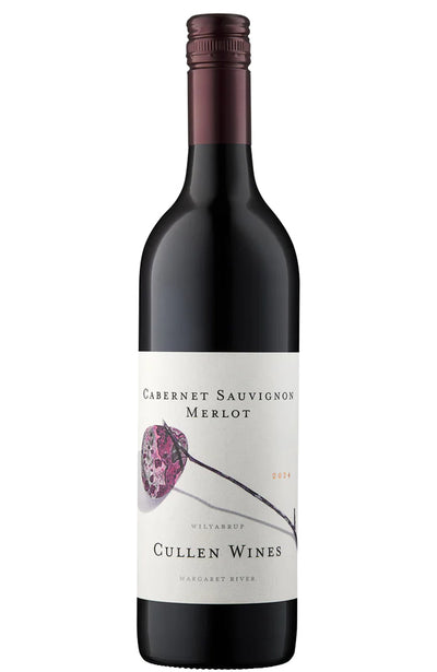 A bottle of Cullen Wines Cabernet Sauvignon Merlot wine, featuring a dark glass bottle with a white label and a dark burgundy foil capsule, isolated on a white background.
