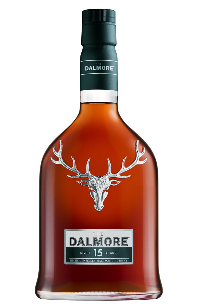 15 Year Old Dalmore whisky bottle with stag logo on a white background