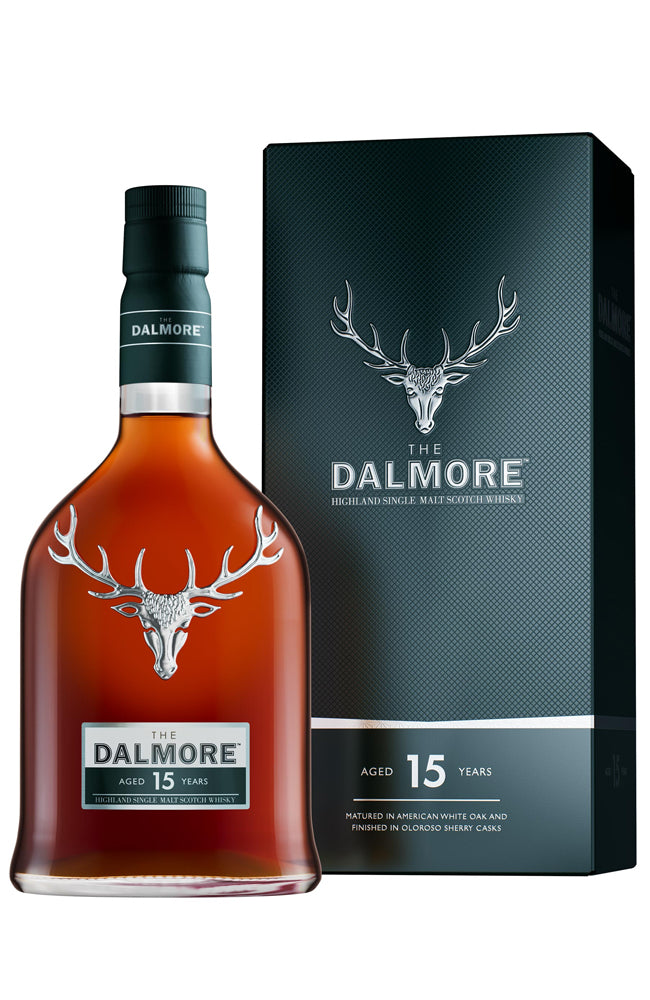 15 Year Old Dalmore whisky bottle and gift box packaging on a white background