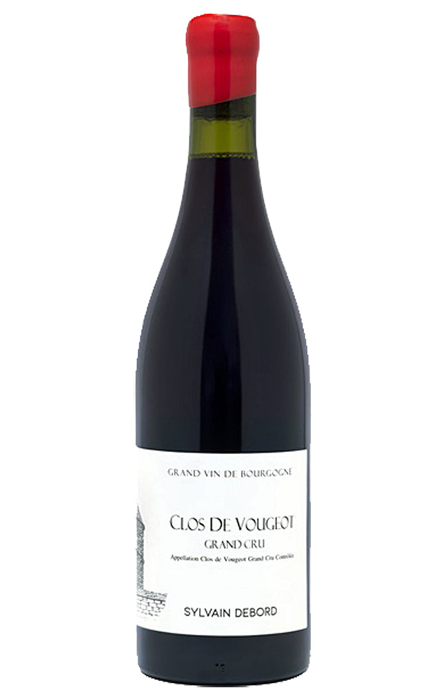 A bottle of Sylvain Debord Clos de Vougeot Grand Cru Red Burgundy featuring a dark bottle with a white label, black writing and red wax seal on a white background.