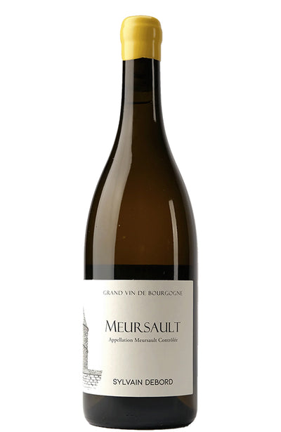 A bottle of Sylvain Debord Meursault Grand Vin de Bourgogne white wine, featuring a dark glass bottle with a pale yellow wax seal and a white paper label, set against a plain white background.