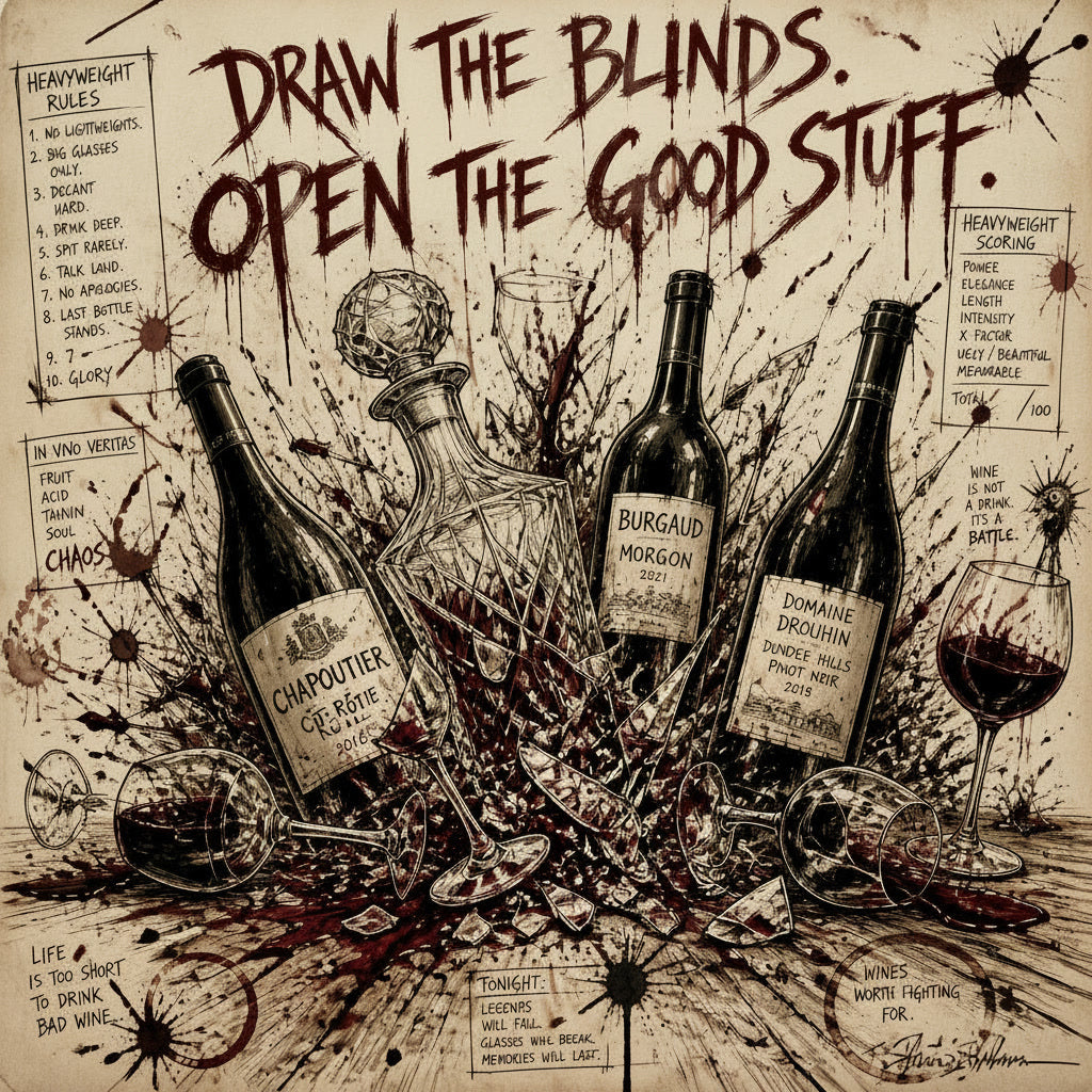 A stylized illustrated poster featuring several wine bottles, a decanter, a wine glass, and handwritten-style text on a beige background with dark red splatter effects. The large title reads, 'DRAW THE BLINDS.