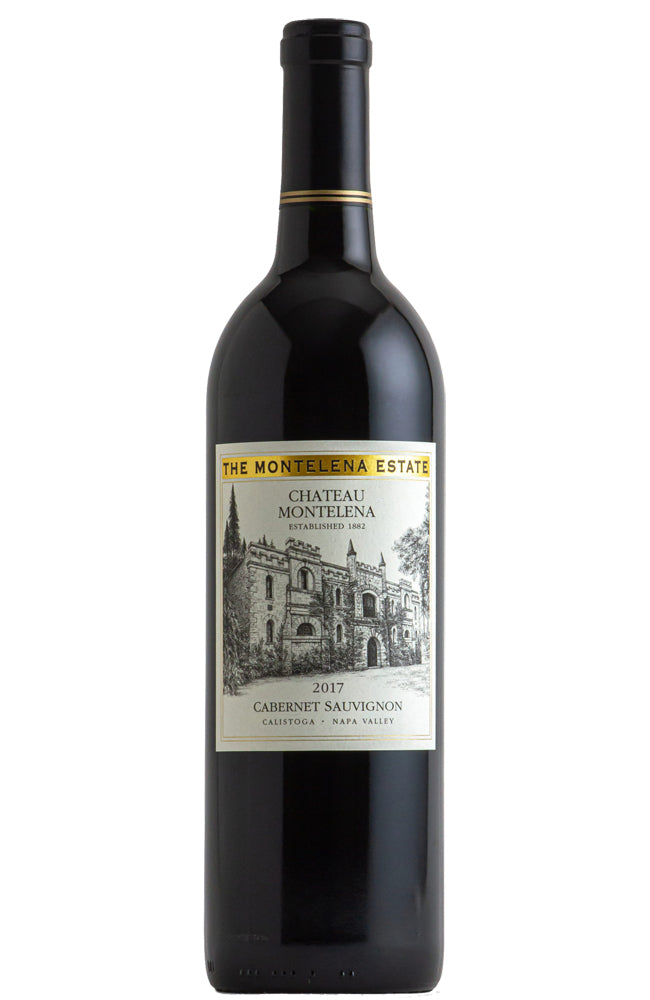 A bottle of Chateau Montelena Estate Cabernet Sauvignon red wine, featuring a dark glass bottle with a cream and gold label, set against a plain white background.