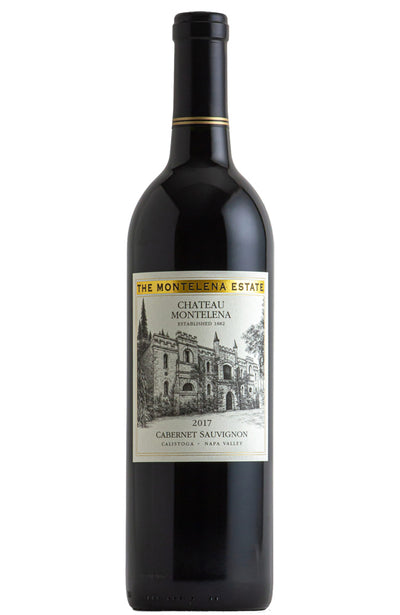 A bottle of Chateau Montelena Estate Cabernet Sauvignon red wine, featuring a dark glass bottle with a cream and gold label, set against a plain white background.
