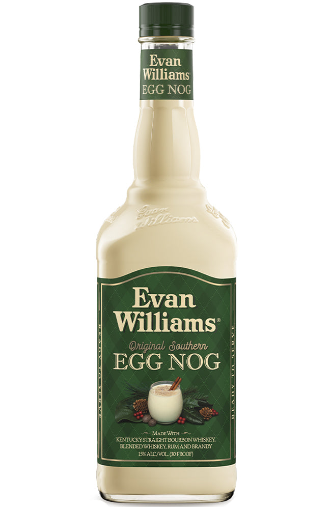 Bottle of Evan Williams Egg Nog on a white background