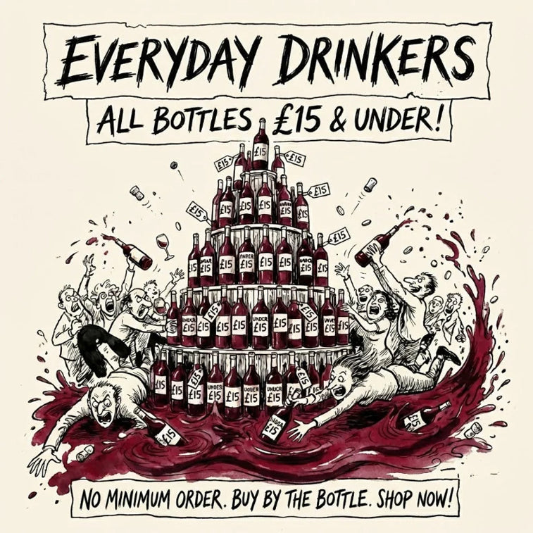 Cartoon illustration of a pyramid of bottles with people around, promoting 'Everyday Drinkers' sale. All bottles £15 & Under No Minimum Order & Buy Bt The Bottle Banners.
