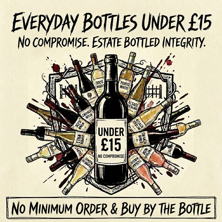 Promotional graphic for wine bottles under £15 with text on a beige background