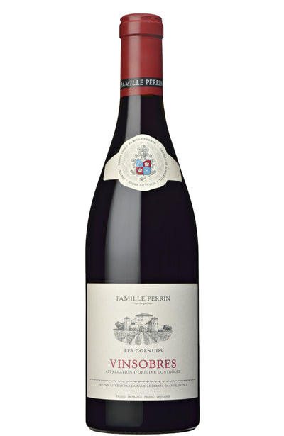 A bottle of Famille Perrin Les Cornuds Vinsobres red wine, featuring a dark glass body, a cream-colored label with red and black text, and a red foil capsule at the top, set against a plain white background.