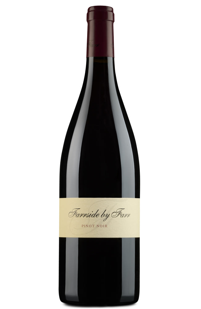A bottle of wine with a dark glass body, a cream-colored label reading 'Farrside by Farr' and 'Pinot Noir', and a dark red foil capsule at the neck, shown on a plain white background.