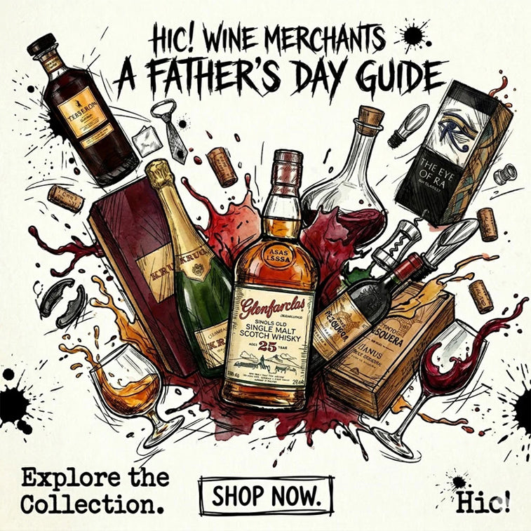 Illustration of wine bottles and glasses with promotional text for Hic! Wine Merchants Father's Day guide.