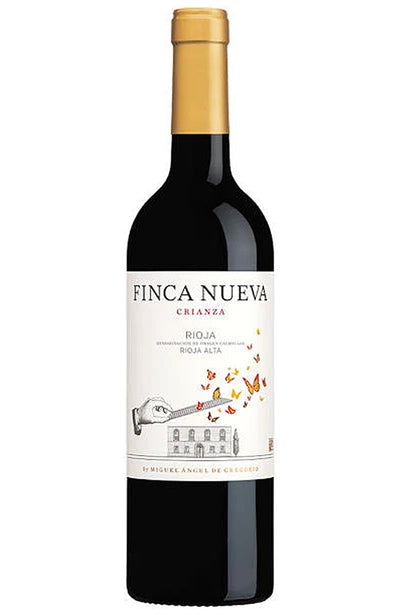 A bottle of Finca Nueva Crianza Rioja red wine, featuring a dark glass bottle with a gold foil capsule and a white label with black text and a small illustration.